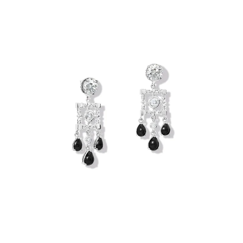 Crystal Stud Earrings-Mashrabiya Trellis Halo Earring Drops 18ct White Gold - Black Jade & Diamond