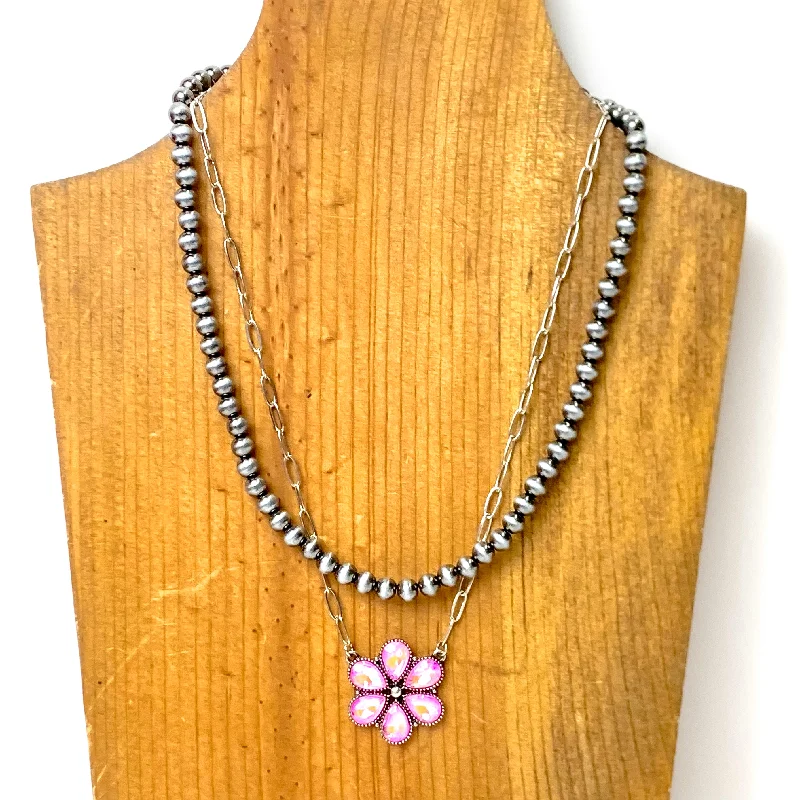 Prairie Petals Faux Navajo Pearl and Chain Necklace in Pink and Silver Tone