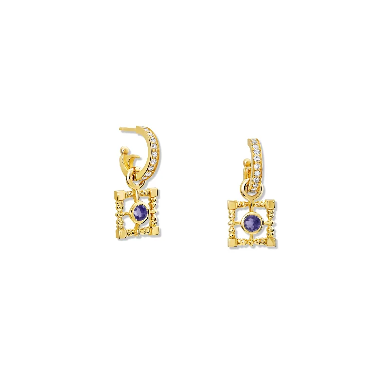 Gold Stud Earrings-Mashrabiya Trellis Square Earring Drops Yellow Gold - Iolite