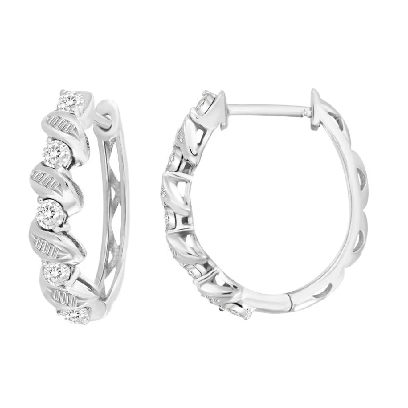 Freshwater Pearl Earrings-LADIES HOOP EARRINGS 0.25CT ROUND/BAGUETTE DIAMOND 10K WHITE GOLD