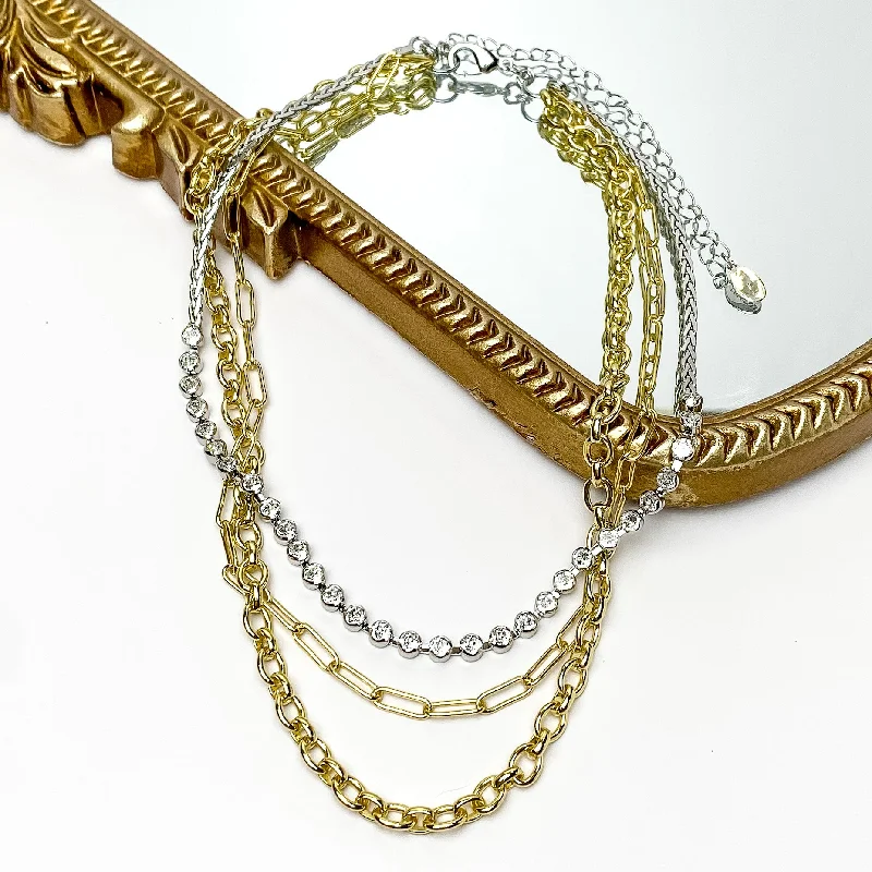 Sorrelli | Jordan Layered Necklace with Clear Crystals in Mixed Metal