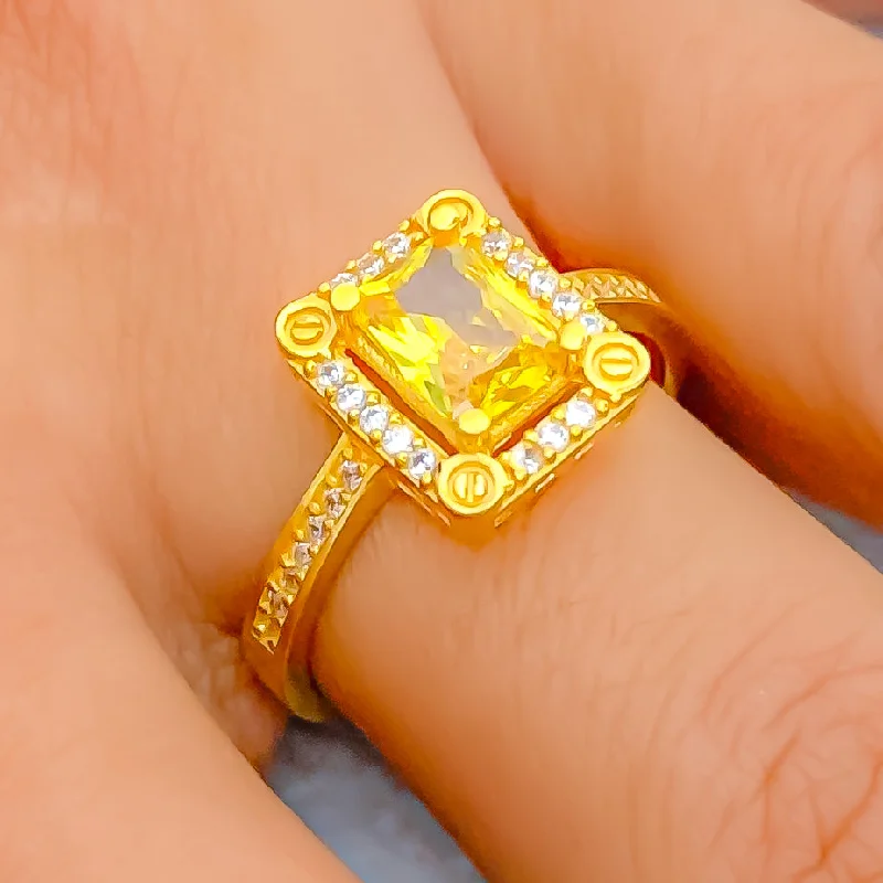 Posh Contemporary 22k Gold CZ Ring w/ Solitaire Stone