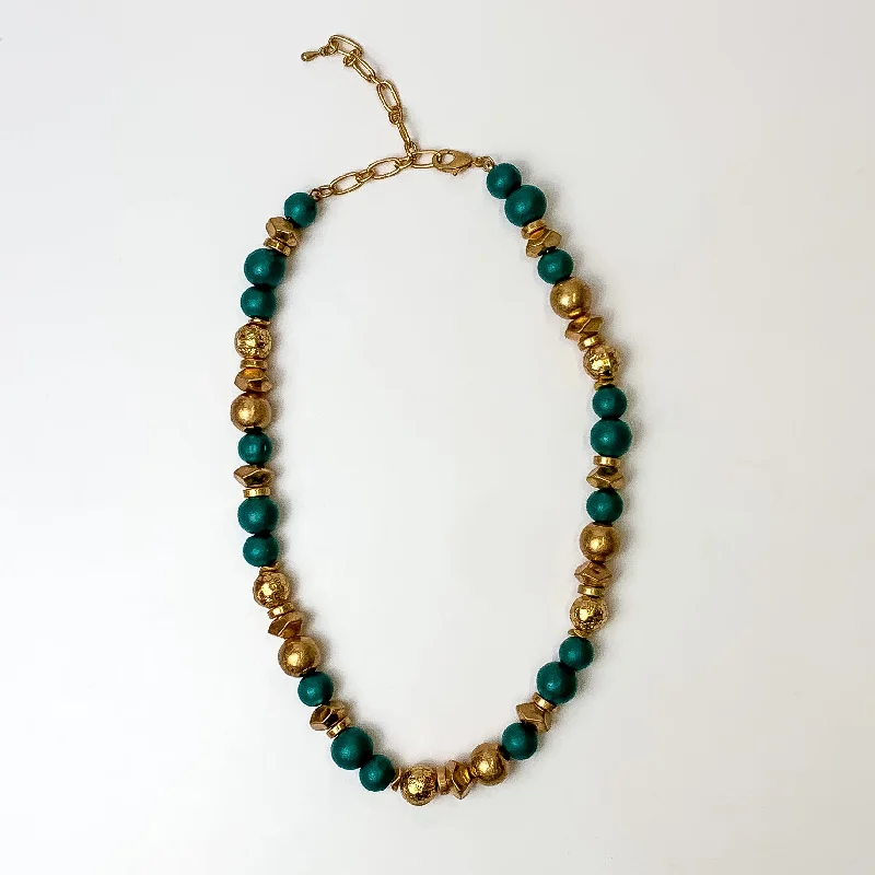 Texture Beaded Necklace with Gold Tone Spacers in Chlorine Blue