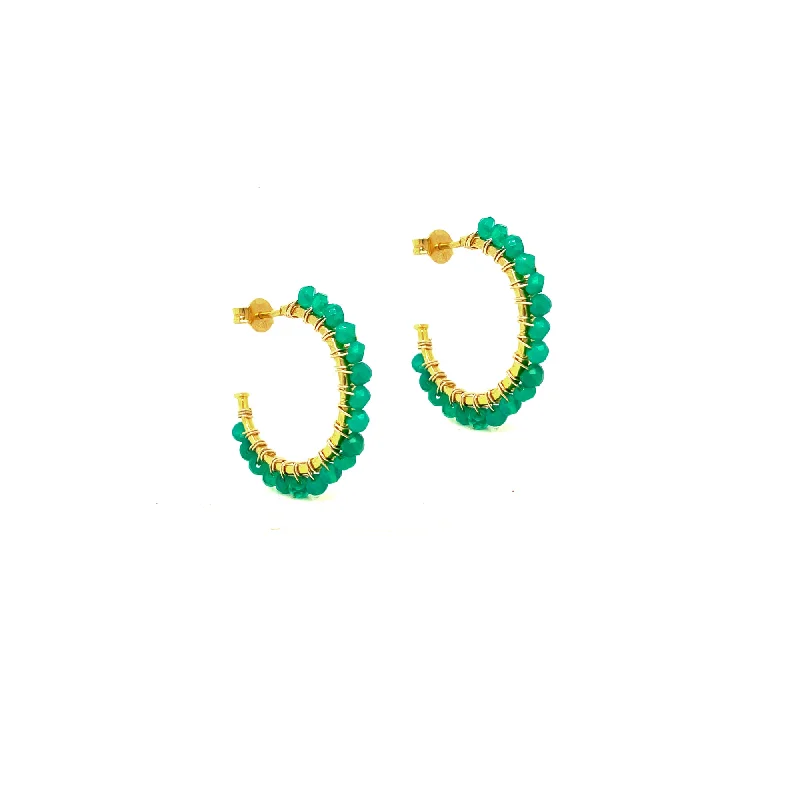 Chic Gold Stud Earrings-Green Agate Hammered Hoop Earrings