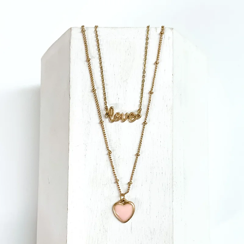 Two Strand LOVE Necklace with Pink Heart Charm in Gold