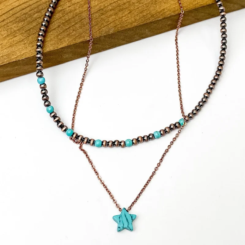 Double Layered Turquoise and Copper Faux Navajo Necklace with Star Charm