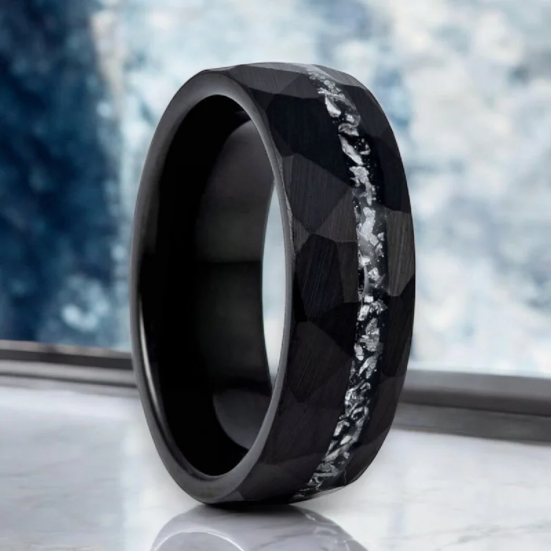 TITANIS | Black Tungsten Ring, Titanium Shavings Inlay, Hammered