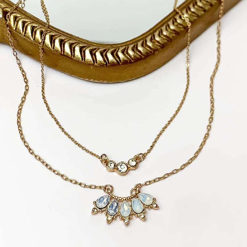 Dazzling Gold Tone Necklace With White Opal Crystals