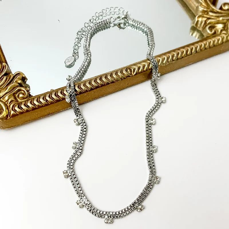 Sorrelli | Cleo Box Chain and Crystal Tennis Necklace in Palladium Silver Tone and Clear