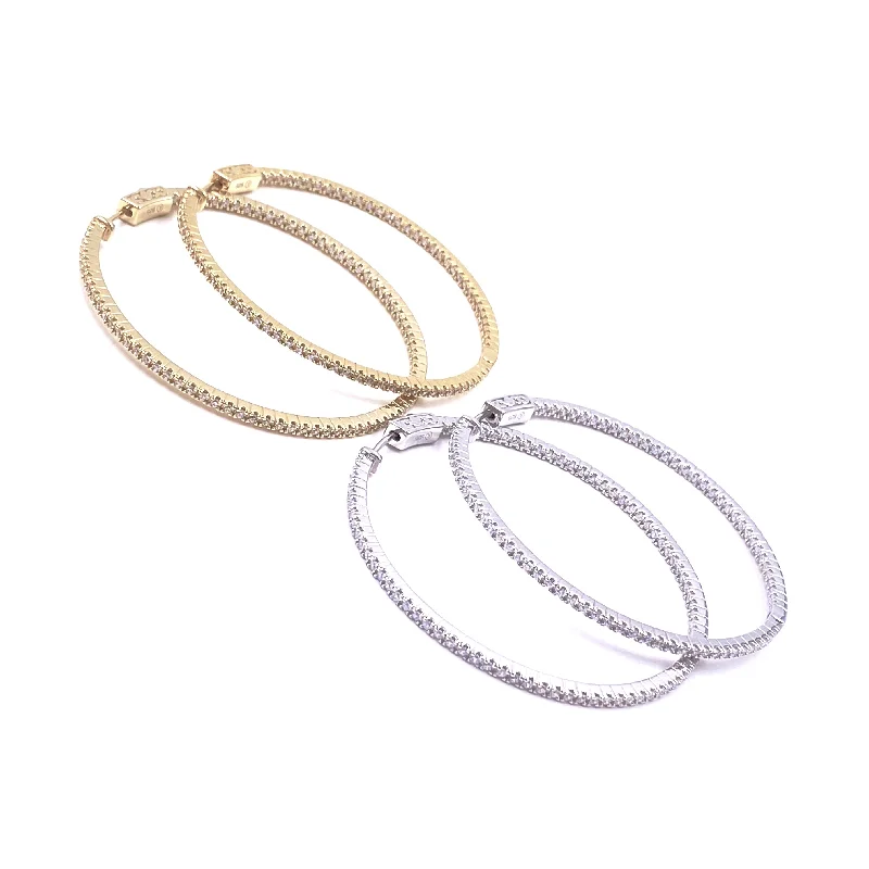 Trendy Statement Earrings-Ashley Gold Sterling Silver Inside/Outside 2" CZ Hoop Earrings