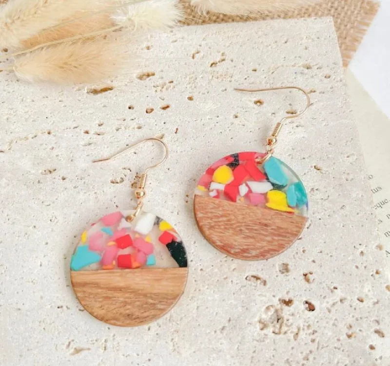 Luxury Pearl Earrings-Confetti Resin Wood Circle Earrings