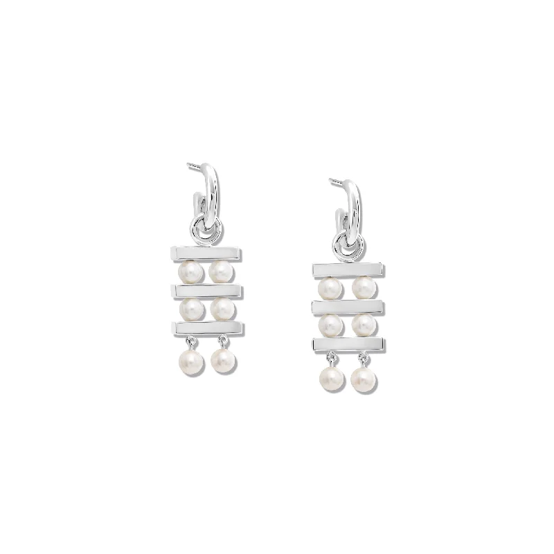 Modern Geometric Earrings-Couture Triple Earring Drops Silver - Pearl