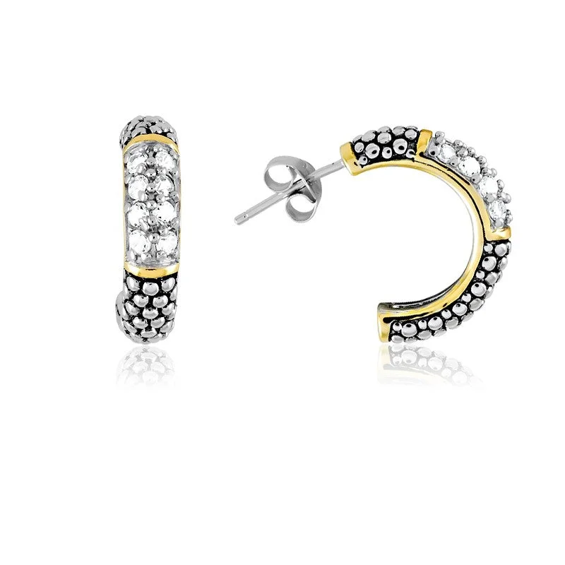 Clear Crystal Earrings-Sterling Silver TT CZ and Beads Half-Circle Hoop Earrings