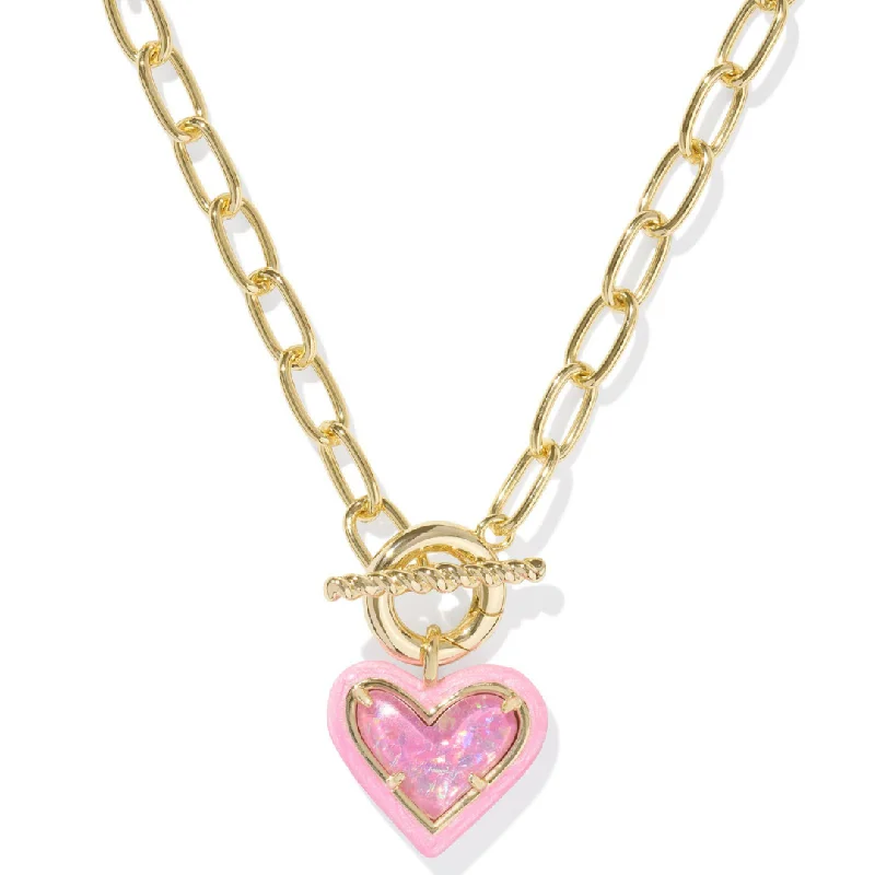 Kendra Scott | Ari Heart Gold Enamel Framed Link and Chain Necklace in Pink Iridescent Glitter Glass