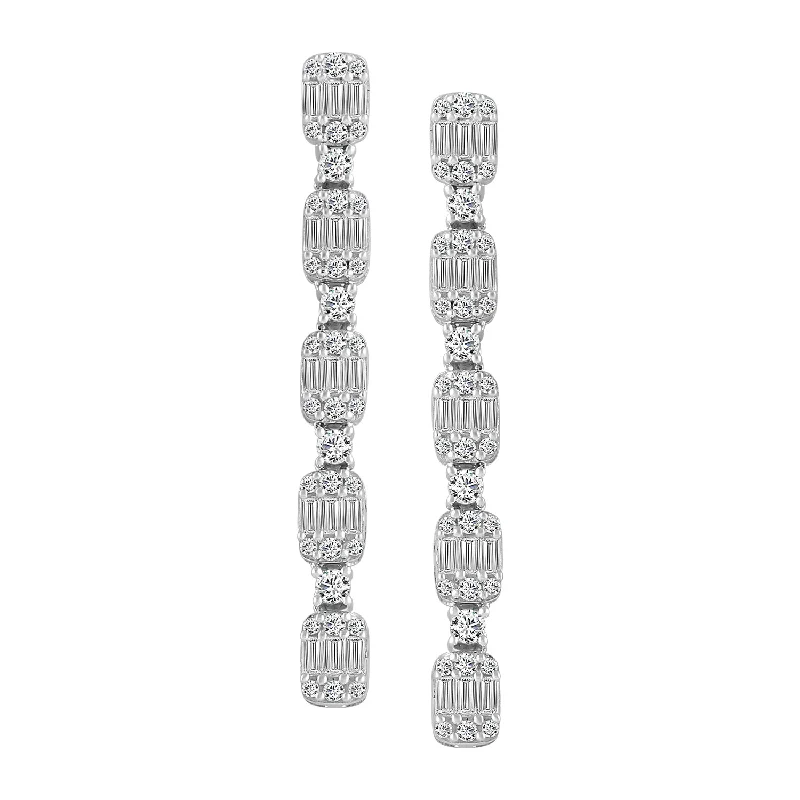 Tiny Stud Earrings-LADIES LINEAR EARRINGS 1.00CT ROUND/BAGUETTE DIAMOND 14K WHITE GOLD