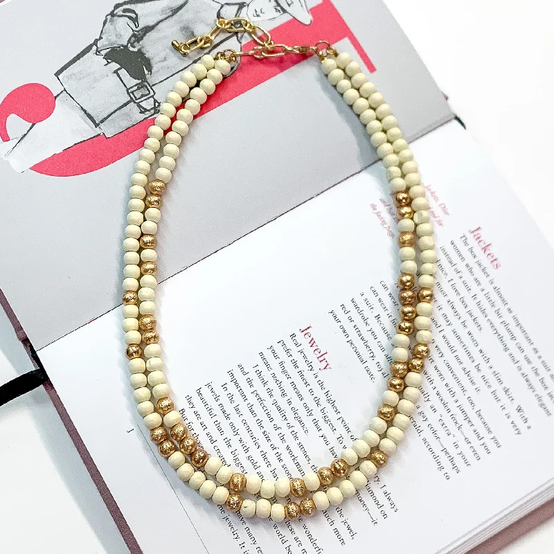 Making Joy Small Beaded Two Strand Necklace with Gold Tone Spacers in Ivory