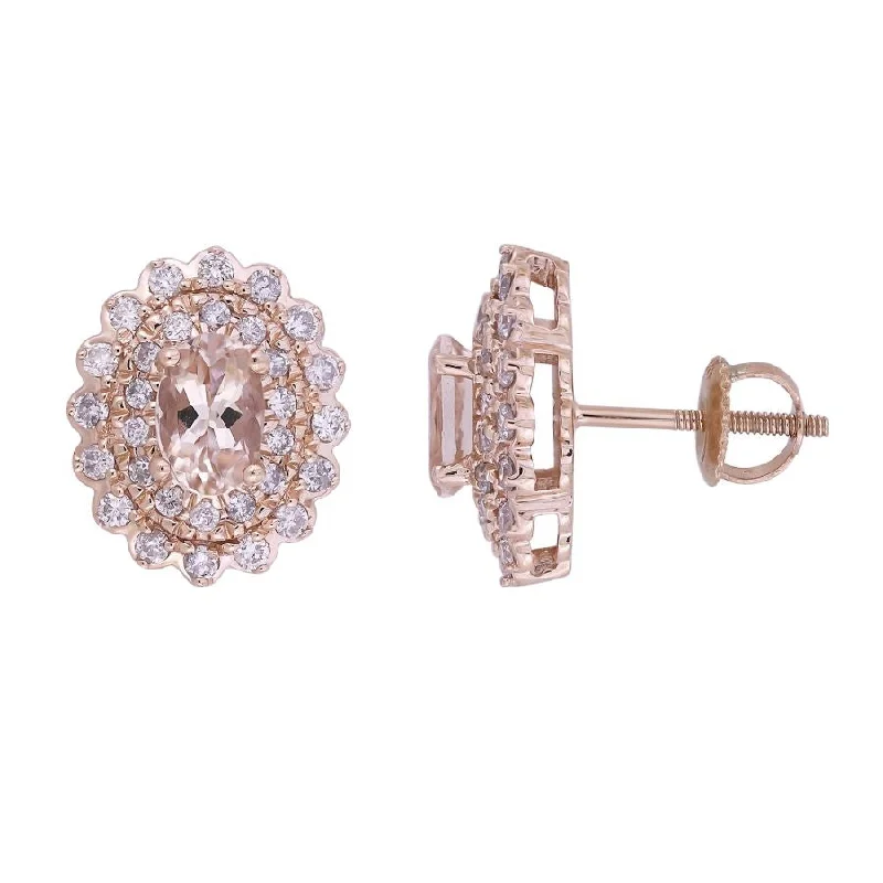 Large Statement Earrings-LADIES EARRINGS 1.33CT ROUND/OVAL DIAMOND 14K ROSE GOLD (CENTER STONE MORGANITE OVAL DIAMOND-0.75CT)