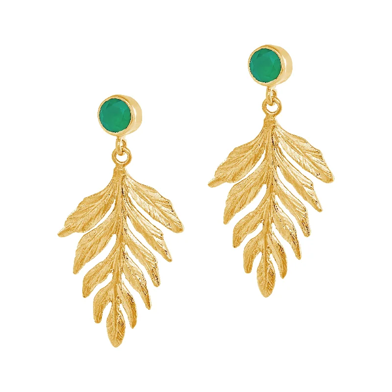 Elegant Swarovski Earrings-Gold Green Agate Fern Earrings