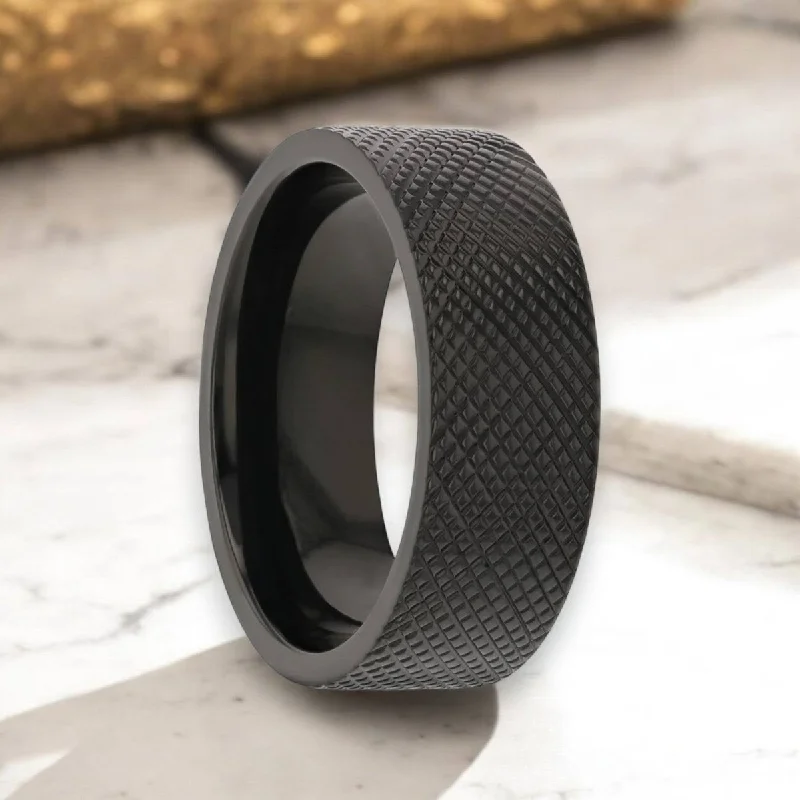 MIDNIGHT | Black Zirconium Ring, Knurled Finish, Flat