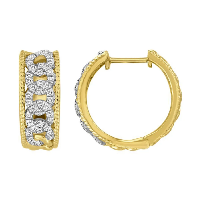 Classic Gold Earrings-LADIES HOOPS EARRINGS 0.50CT ROUND DIAMOND 10K YELLOW GOLD