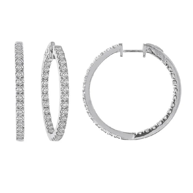 Handcrafted Earrings-LADIES HOOP EARRINGS 3.00CT ROUND DIAMOND 14K WHITE GOLD (SI QUALITY)