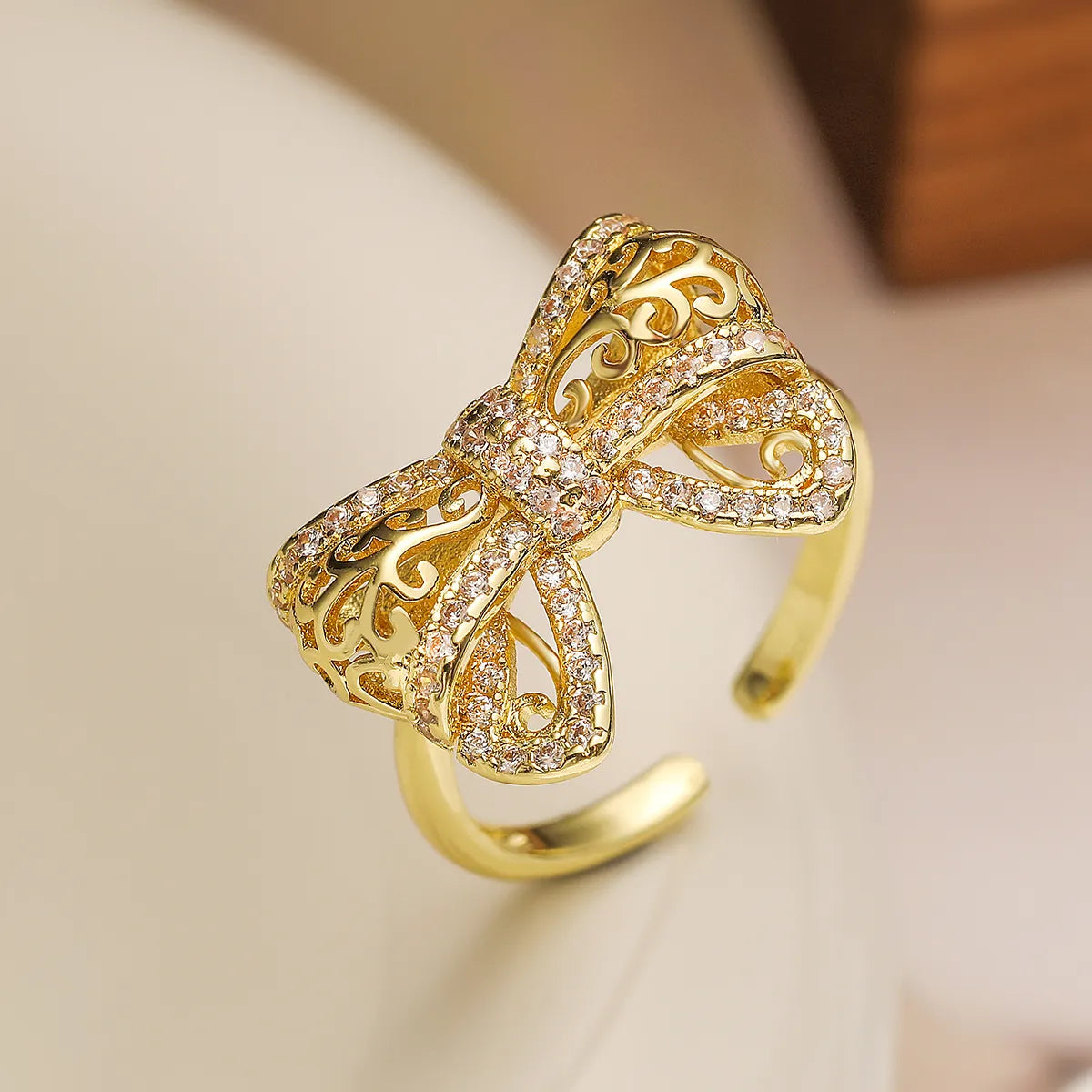 Copper Hollow Out Inlay Bow Knot Zircon Open Rings