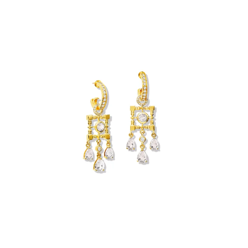 Luxury Diamond Earrings-Mashrabiya Trellis Earring Drops Yellow Gold - White Sapphire & Diamond