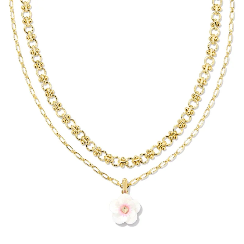 Kendra Scott | Deliah Gold Multi Strand Necklace in Iridescent Pink and White Mix