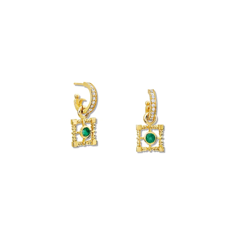 Custom Earrings for Gift-Mashrabiya Trellis Square Earring Drops Yellow Gold - Emerald