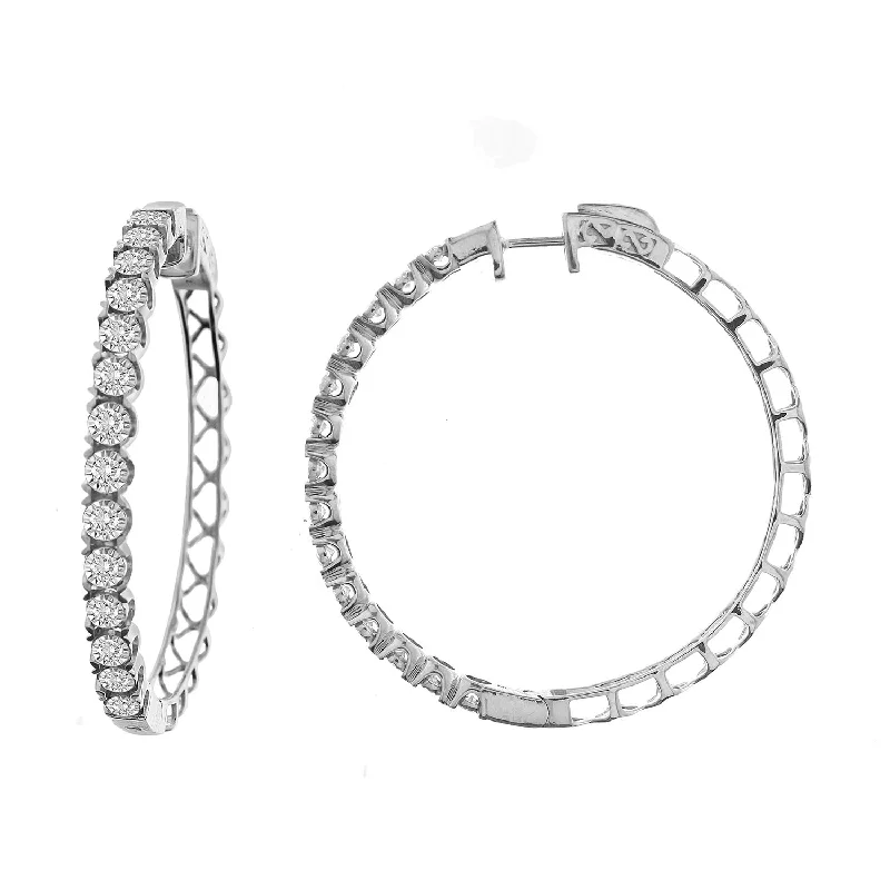 Crystal Hoop Earrings-LADIES HOOP EARRINGS 1.50CT ROUND DIAMOND 10K WHITE GOLD