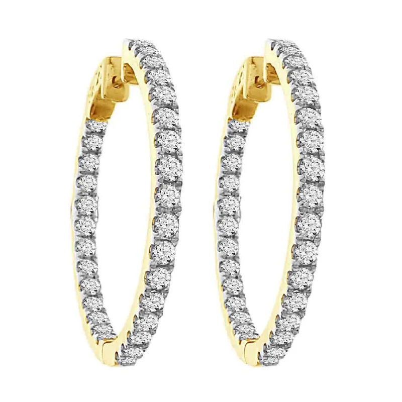 Fashion Drop Earrings-LADIES HOOP EARRINGS 3.00CT ROUND DIAMOND 10K YELLOW GOLD