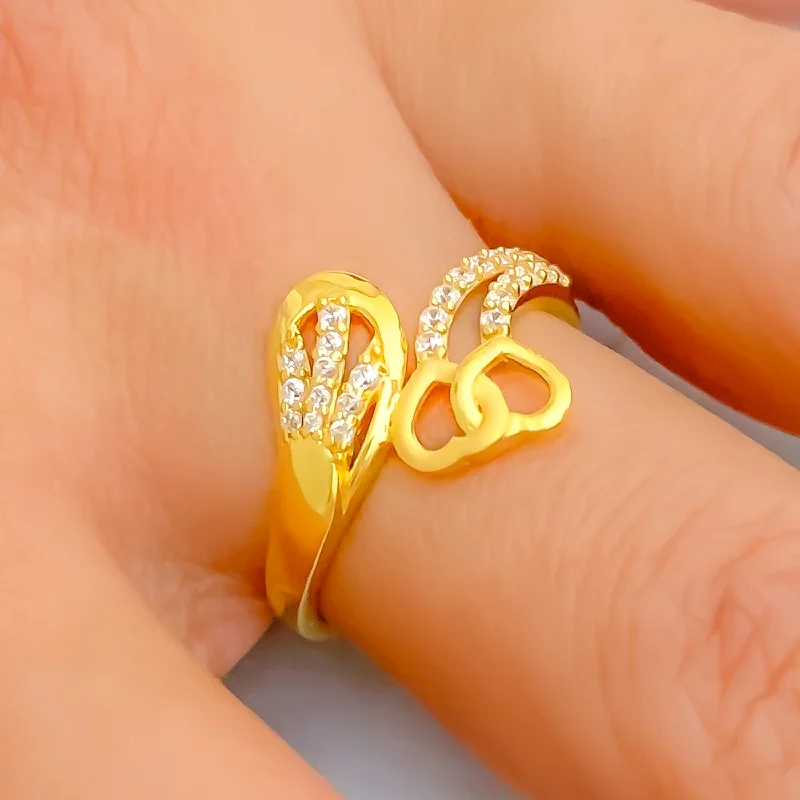 Opulent Overlapping Twin Heart 22k Gold CZ Ring