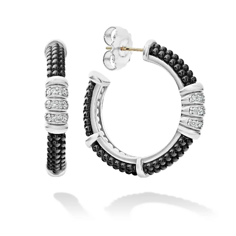 Simple Drop Earrings-Black Caviar Ceramic Beaded Diamond Hoop Earrings