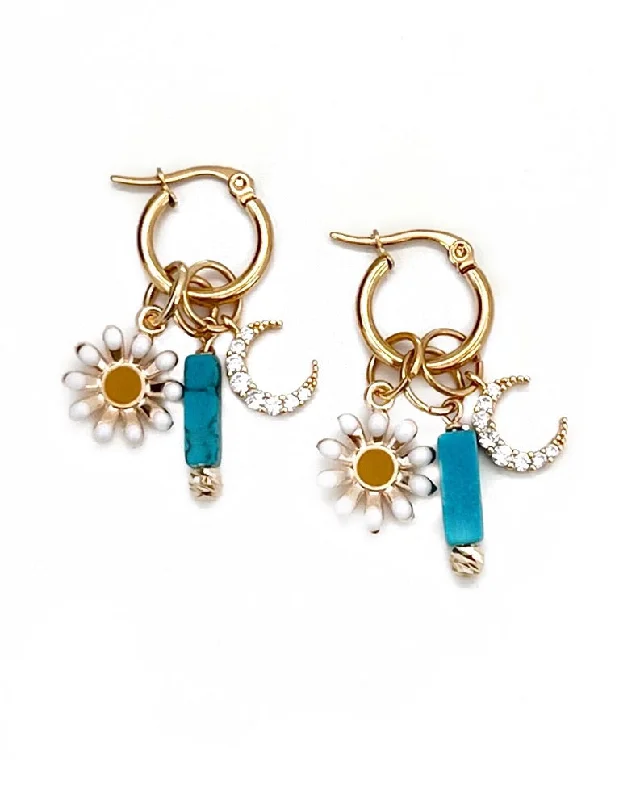 Vintage Gold Earrings-Daisy Charm Hoop Earrings