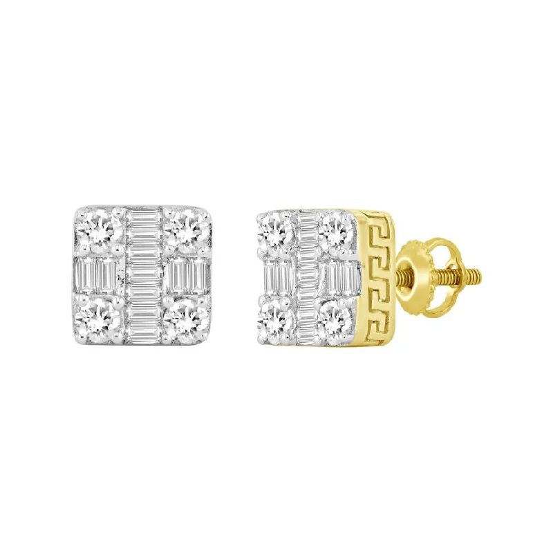 Silver Stud Earrings-LADIES EARRINGS 1.00CT ROUND/BAGUETTE DIAMOND 10K YELLOW GOLD