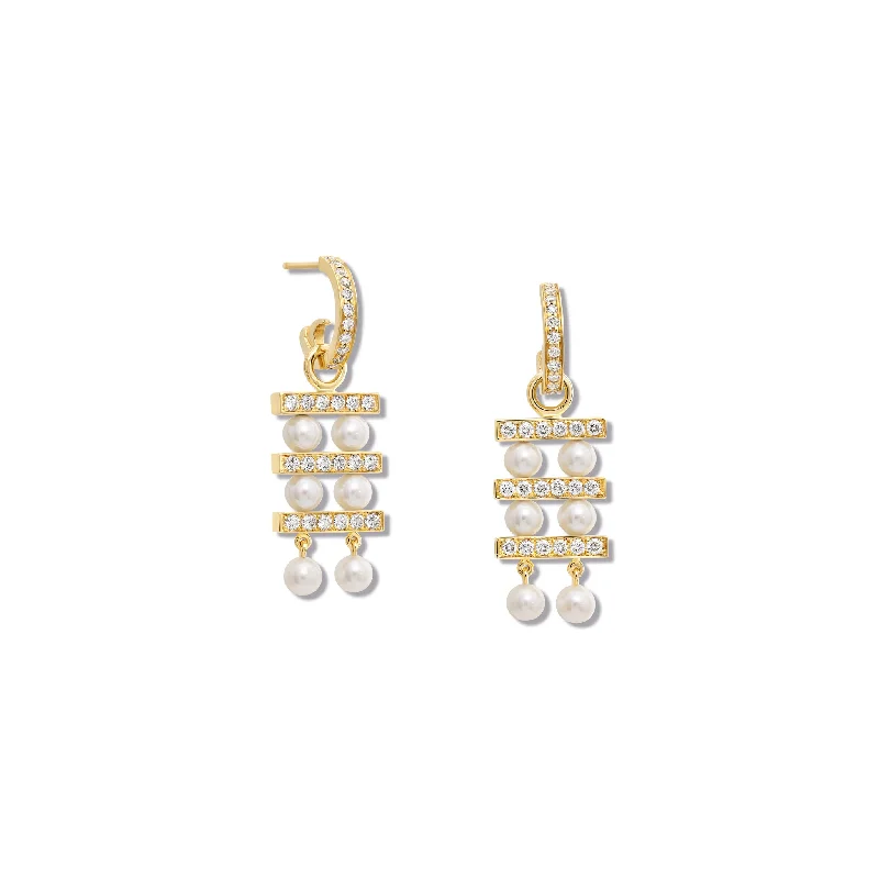 Elegant Swarovski Earrings-Couture Triple Earring Drops Yellow Gold - Diamond Pavé & Pearl