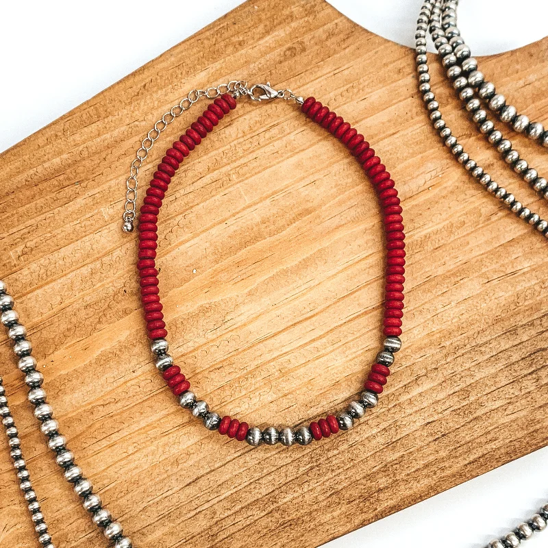 Beaded Stone Choker Necklace with Navajo Beads In Red