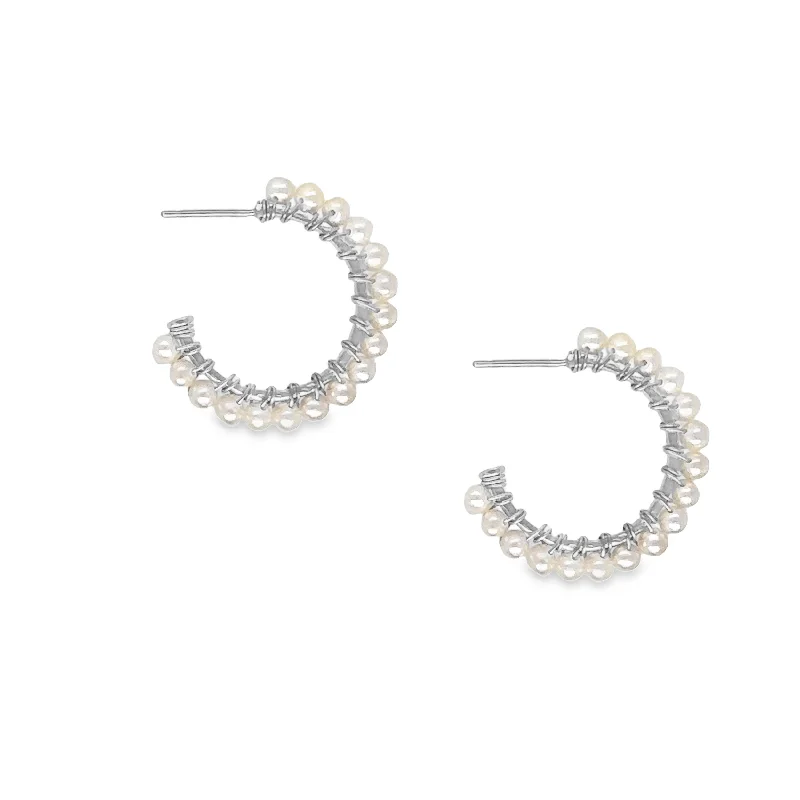 Silver Drop Earrings for Women-Silver Seed Pearl Hoop Earrings