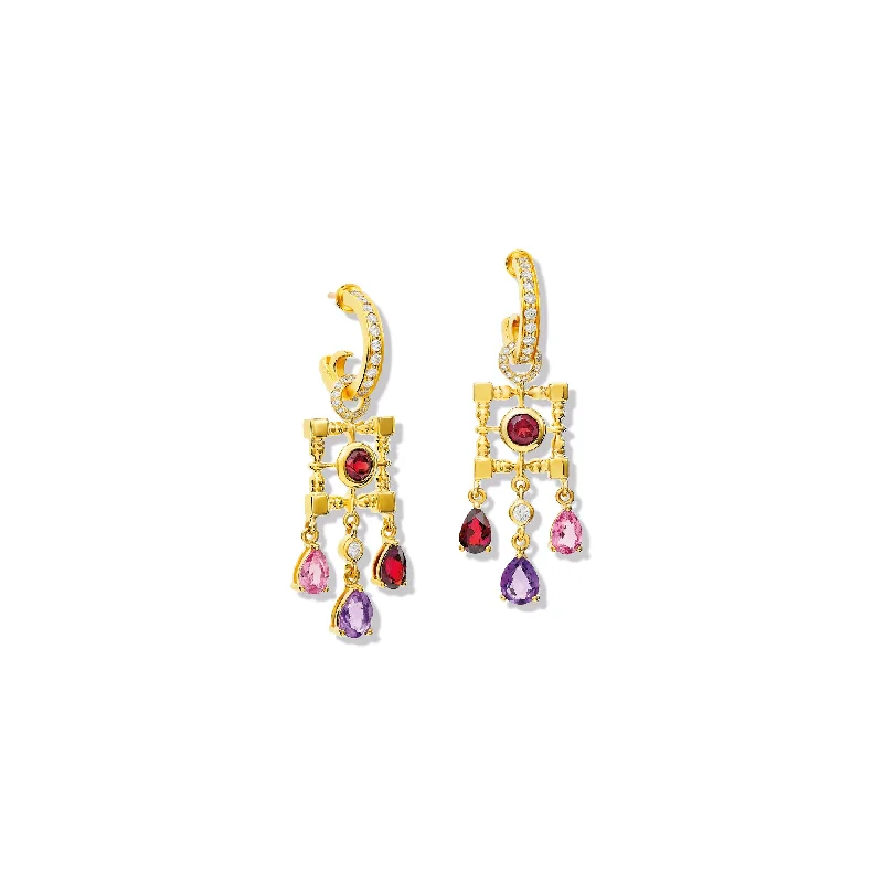 Casual Hoop Earrings-Mashrabiya Trellis Earring Drops Yellow Gold - Garnet, Amethyst, Pink Tourmaline & Diamond