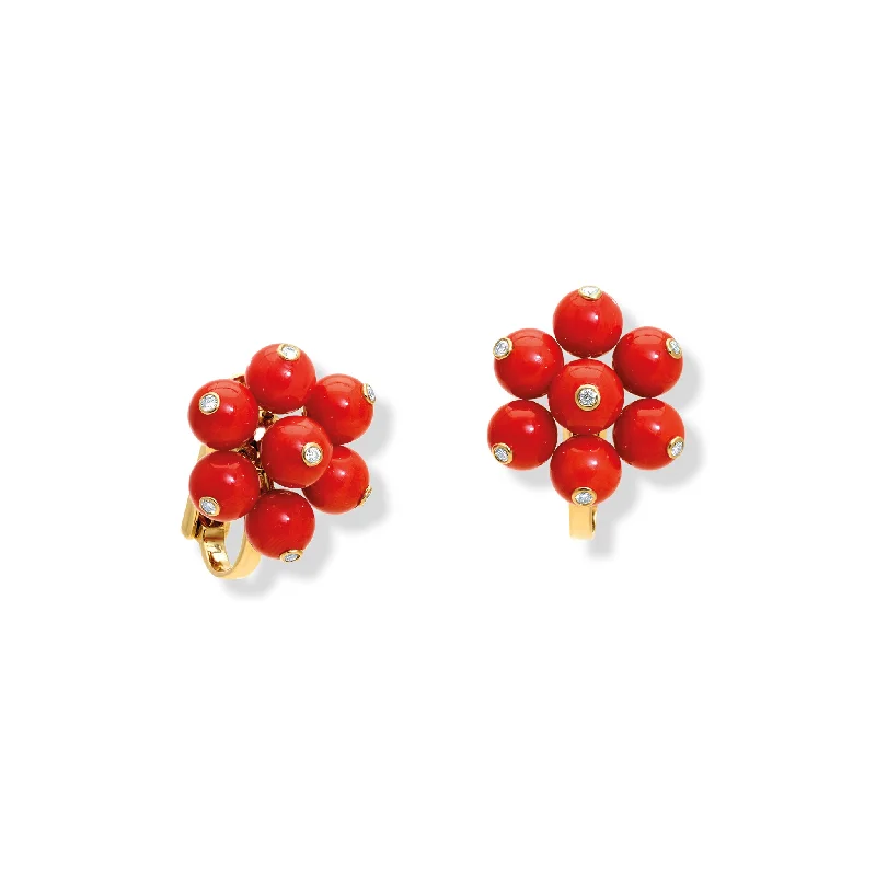 Silver Circle Earrings-Cavolfiore Earrings 18ct Yellow Gold - Red Coral & Diamond