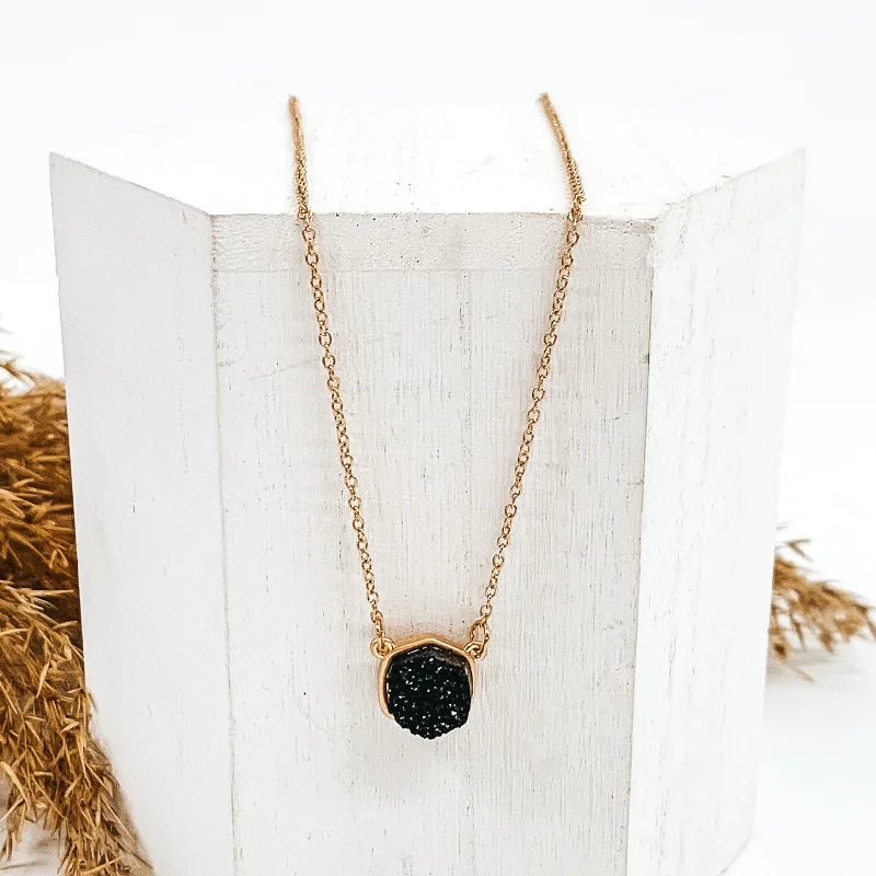 Druzy Hexagon Gold Necklace in Black