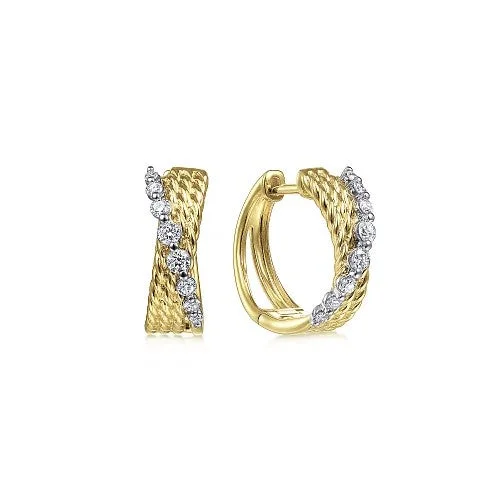 Textured Gold Earrings-14K Yellow-White Gold Twisted 15mm Diamond Huggie Earrings