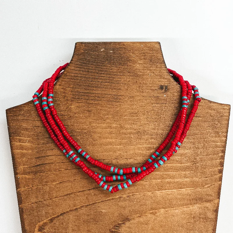 Trend Maker Three Strand Red Beaded Choker Necklace with Turquoise Beads