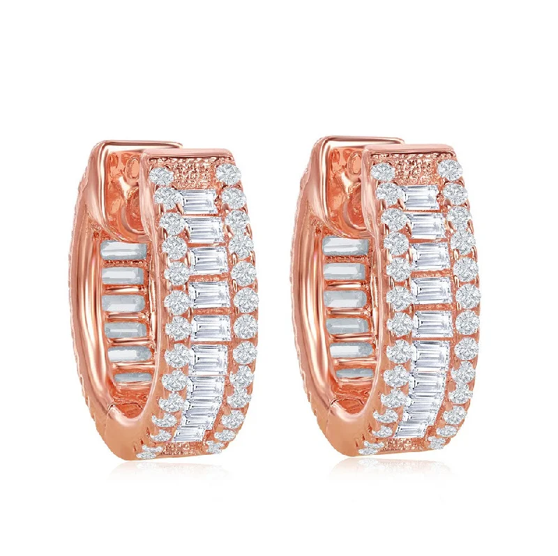 Unique Silver Earrings-Sterling Silver Baguette CZ Small Hoop Earrings - Rose Gold Plated