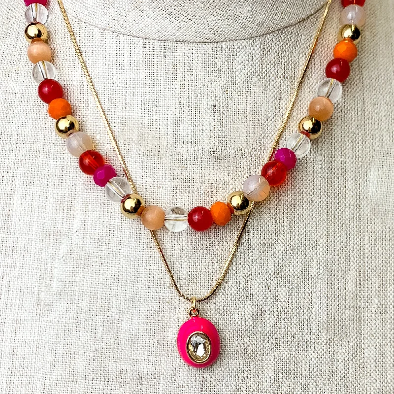 Multicolored Layering Necklace With Oval Pendant