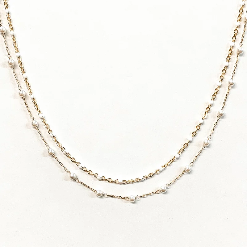 2 Strand Gold Chain Necklace with Bead Spacers in White Multi