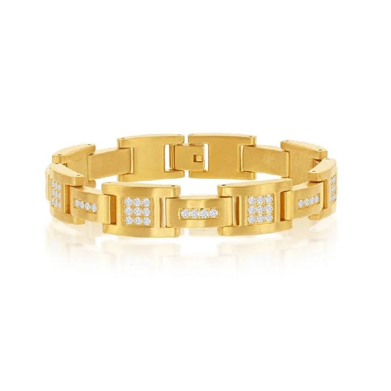 Stainless Steel Matte Gold Plated CZ Link Bracelet, 8.5"