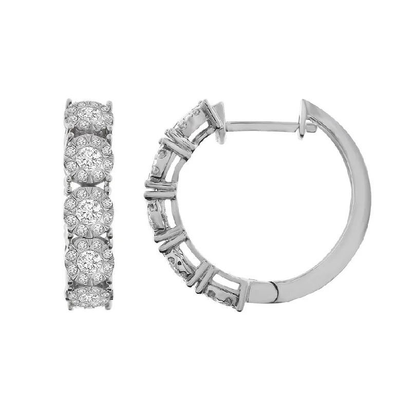 Unique Silver Earrings-LADIES HOOP EARRINGS 1.00CT ROUND DIAMOND 10K WHITE GOLD