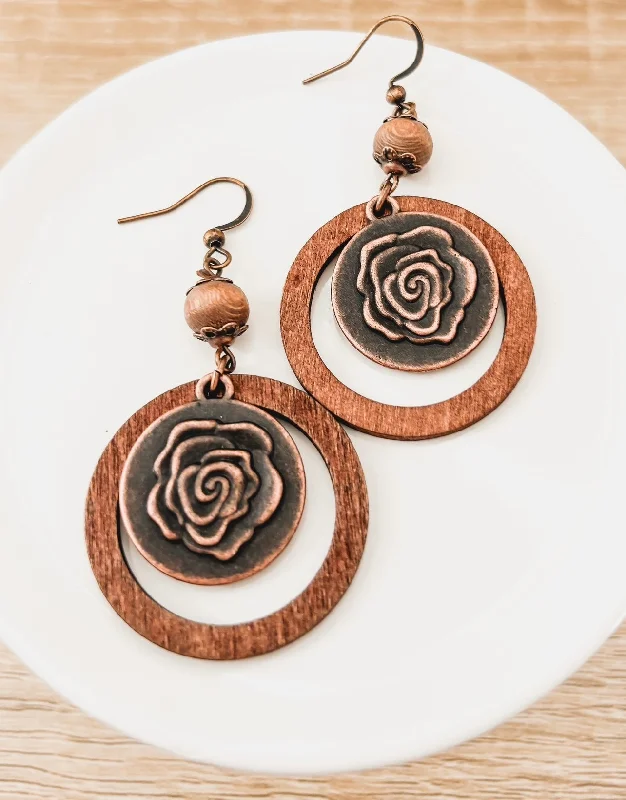 Pearl Hoop Earrings-Beautiful Rustic Wood Rose Earrings