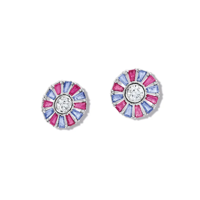 Elegant Hoops with Diamonds-Roi Soleil Earring Halos 18ct White Gold - Ruby, Sapphire & Diamond